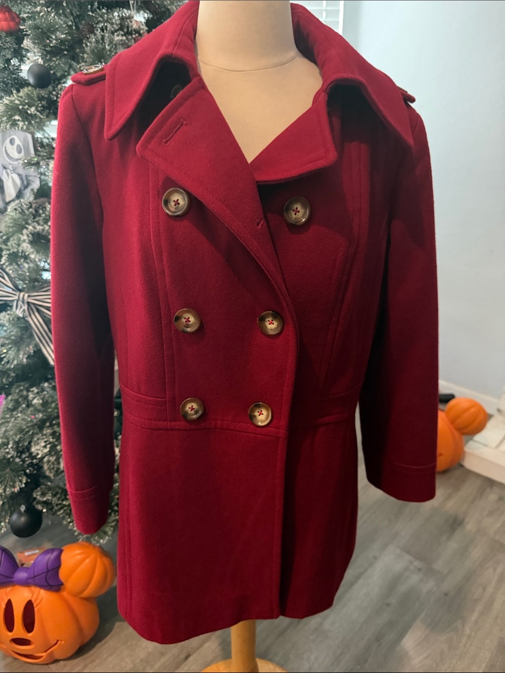 MICHAEL Michael Kors Burgundy Double-Breasted Wool Pea Coat